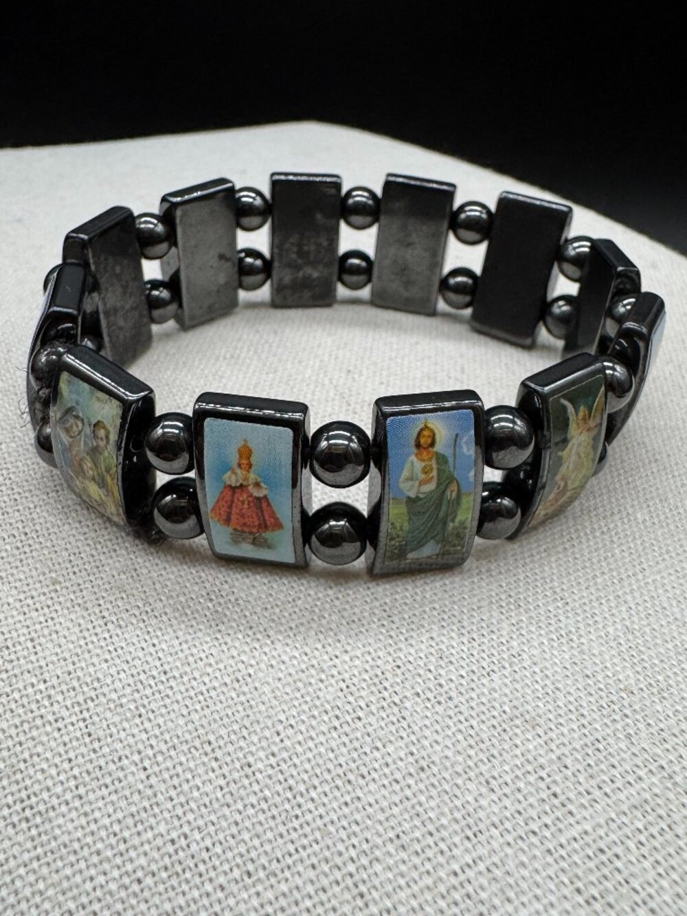 Vintage Stretchy Bracelet Hematite Religion Charms Christianity Beads Panels